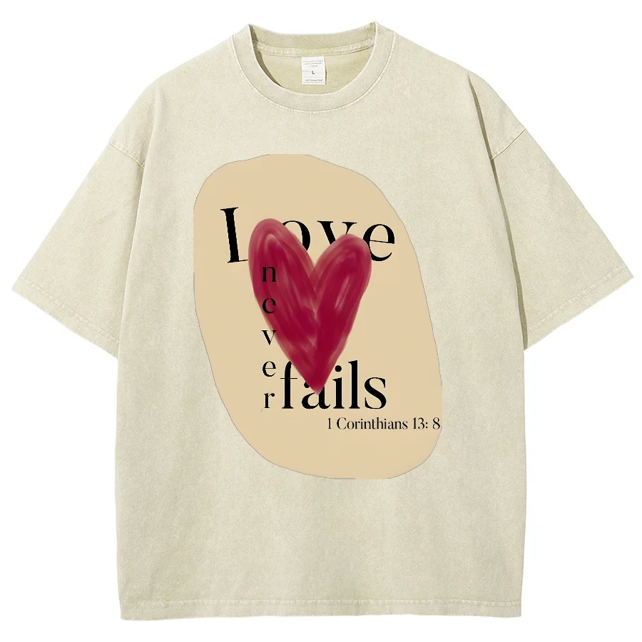 Love Never Fail Y2K Washed Short Sleeve T-Shirt, Cartoon Creative Printed Unisex Vintage Streetwear New Fashion Casual Plus-Size
