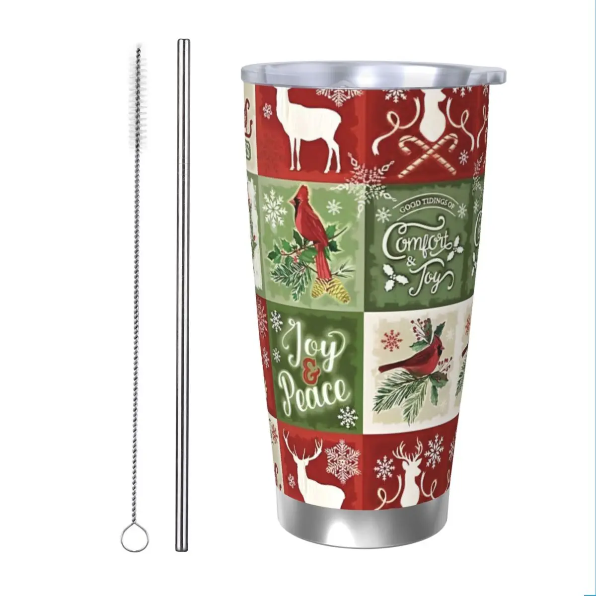 Christmas Deer Bird Patten Insulated Tumbler with Lid Stainless Steel Coffee Mugs Outdoor Portable Thermos Bottle Cup, 20oz