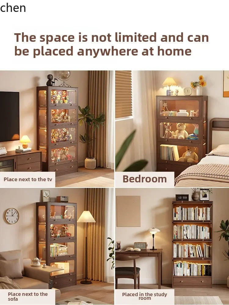 HT  solid wood display rack transparent glass model shelf household display cabinet