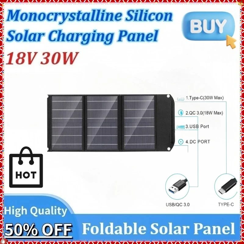 

New 30W Portable Monocrystalline 18V Solar Panel Foldable Charger Efficiency Panel Waterproof for Power Station Camping Hiking