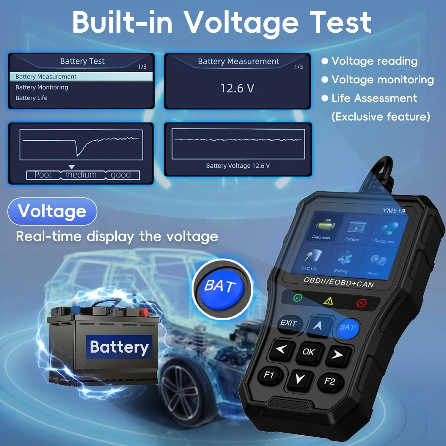 Multilingual Automotive Diagnostic Tool Battery Tester Check Engine System Fault Code Reader YM519 OBD2 Scanner