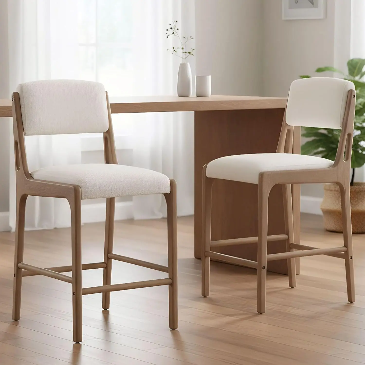 

Beige Linen Bar Stools Set of 2 French Country Counter Stools with Wood Legs 26 Inch Barstools for Kitchen Island, Customized