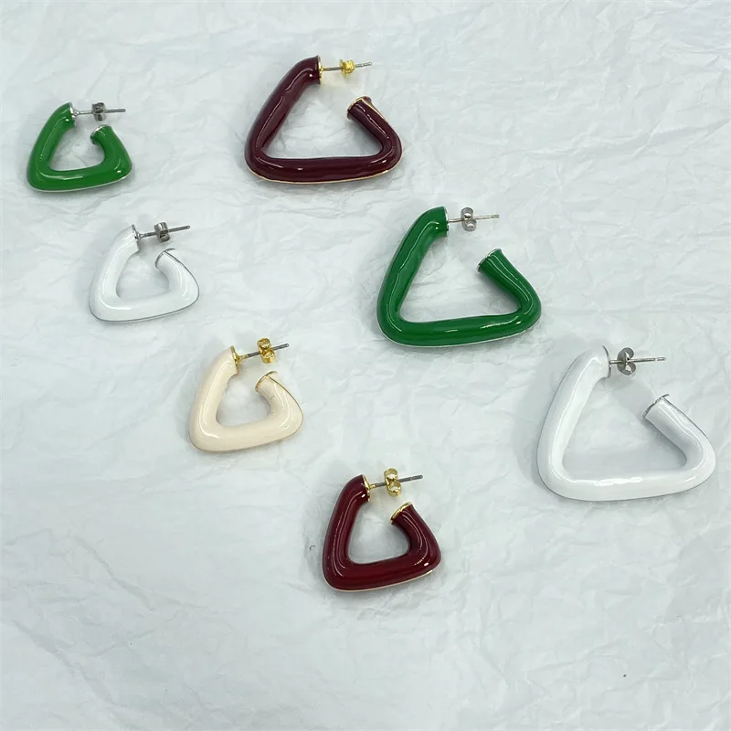New Fashion European and American Enamel Colored Triangle Hoop Earrings, Female Niche Unique Statement Jewelry for Women