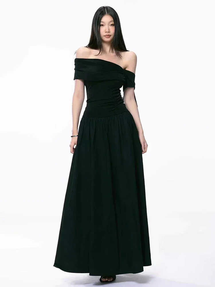 Elegant Hepburn Style Slash Neck Women Midi Dress Y2K Sexy One Shoulder Sleeveless Black Dress Summer Evening Party Vestidos