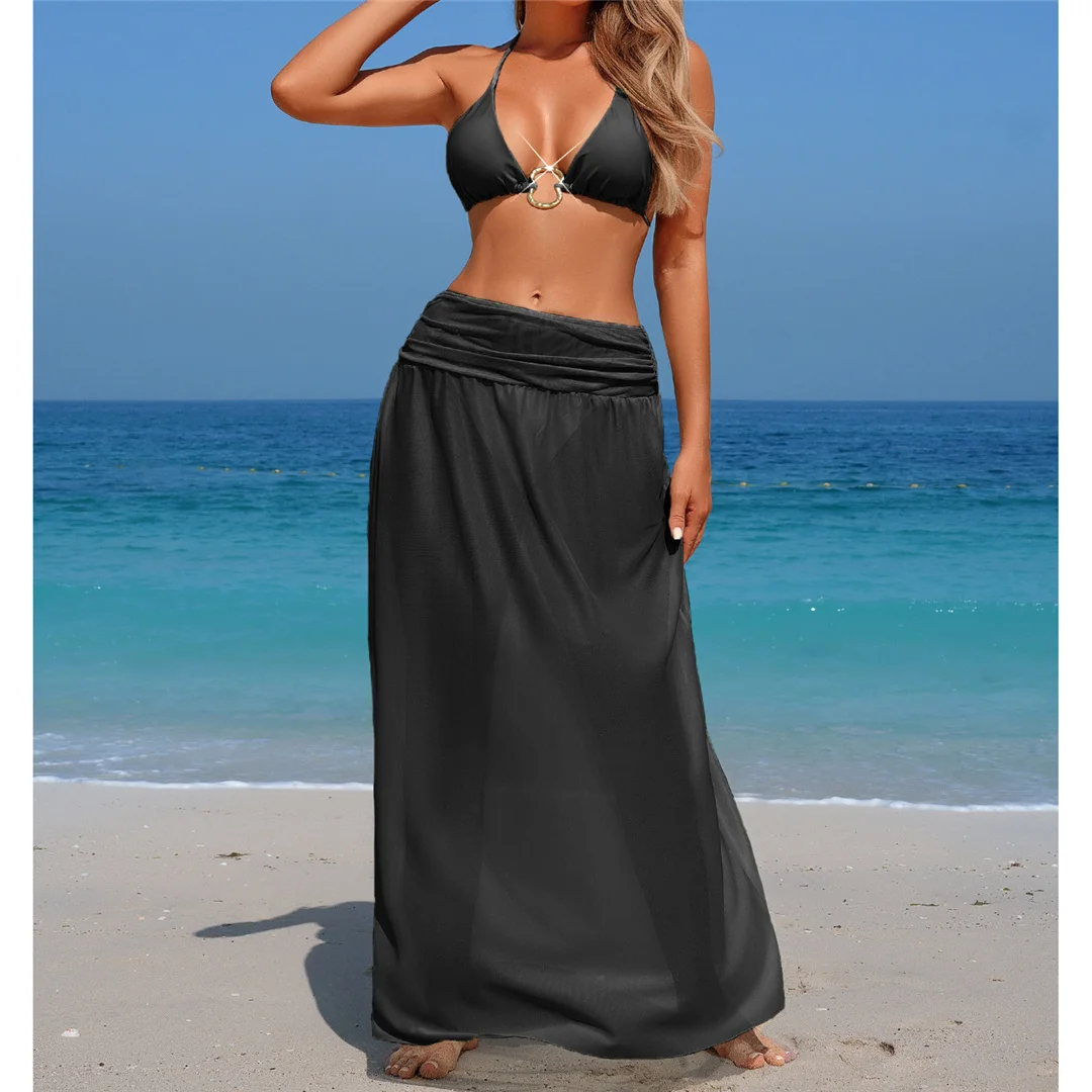 Mit Rock, Neckholder, Metallring, Bikini, Damen-Badeanzug, dreiteiliges Bikini-Set, Damen-Badebekleidung, gepolsterter Badeanzug, Badeanzug, Schwimmanzug V7236 – Detail 8