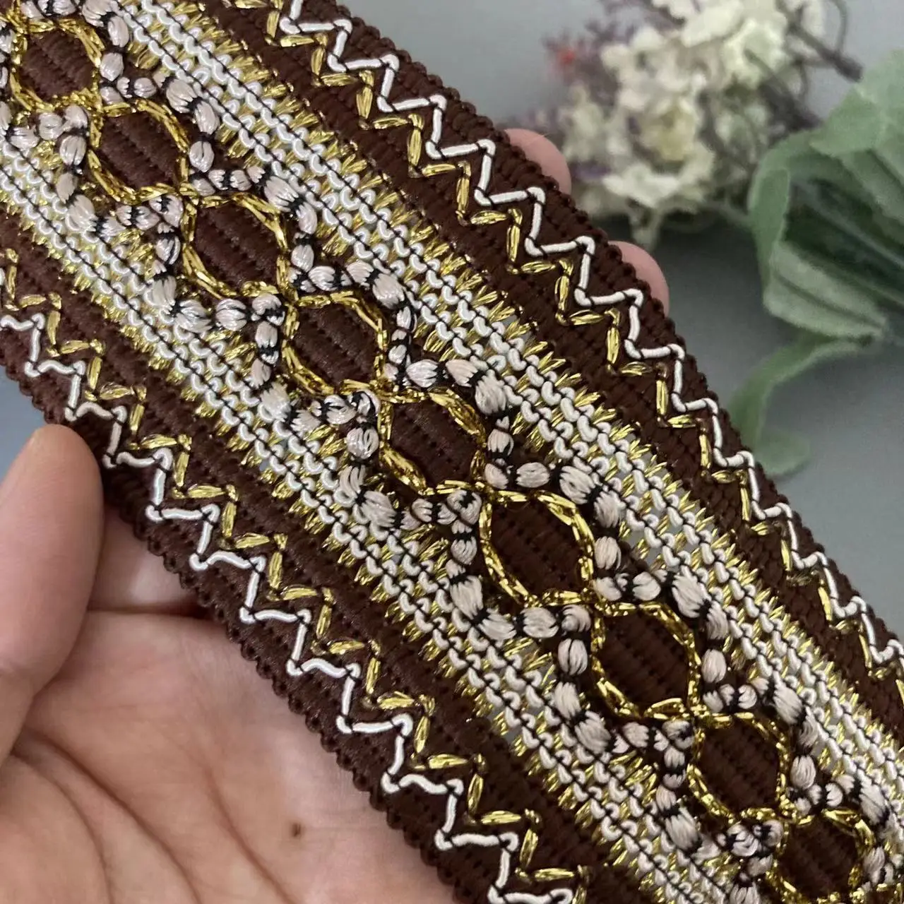 1 jarda marrom 6cm fita de renda de arroz tecido de lantejoulas roupas étnicas fio dourado bordado jacquard webbing acessórios de vestuário