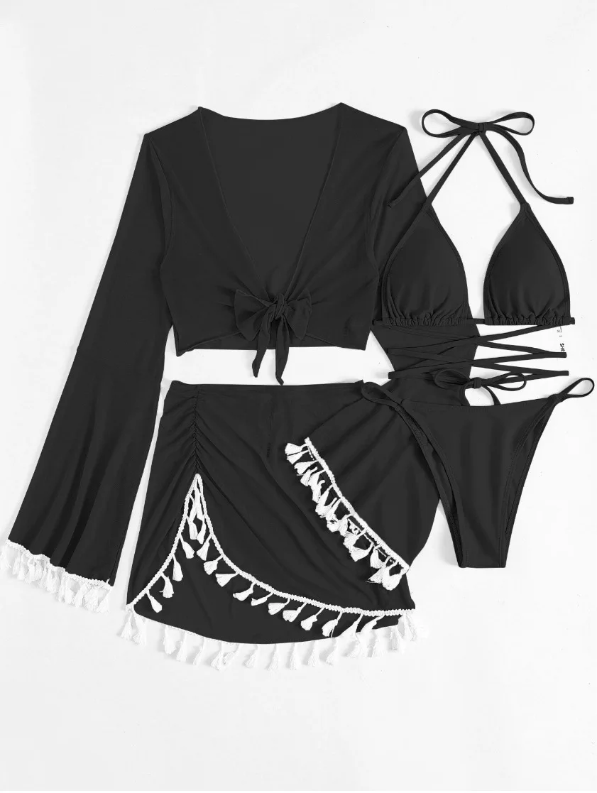 2024 New Four Piece Solid Color Tassel Cover Up Mesh Short Skirt Bikini Swimwear for Women