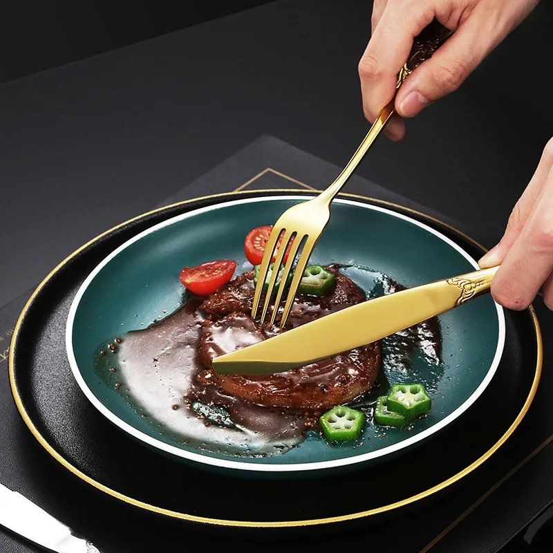 Stainless steel tableware set with European relief knives, forks, spoons, and Western tableware