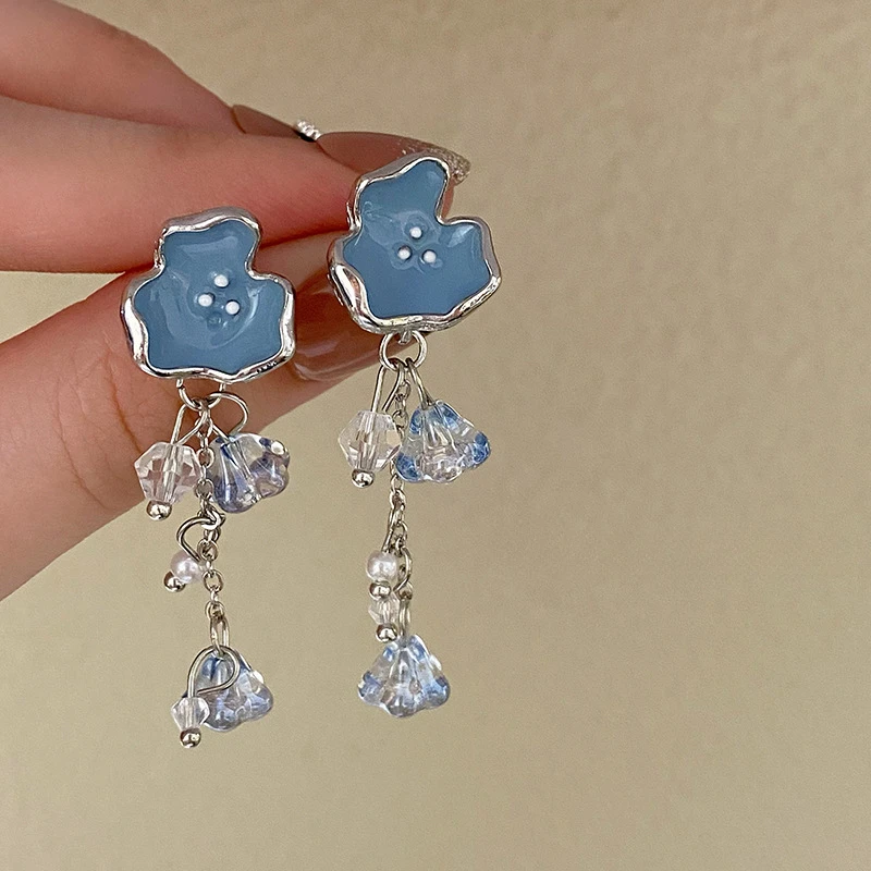 Temperament Blue Enamel Flower Long Tassel Drop Dangle Earrings for Women Charm Crystal Zircon Stud Earring Jewelry Accessories