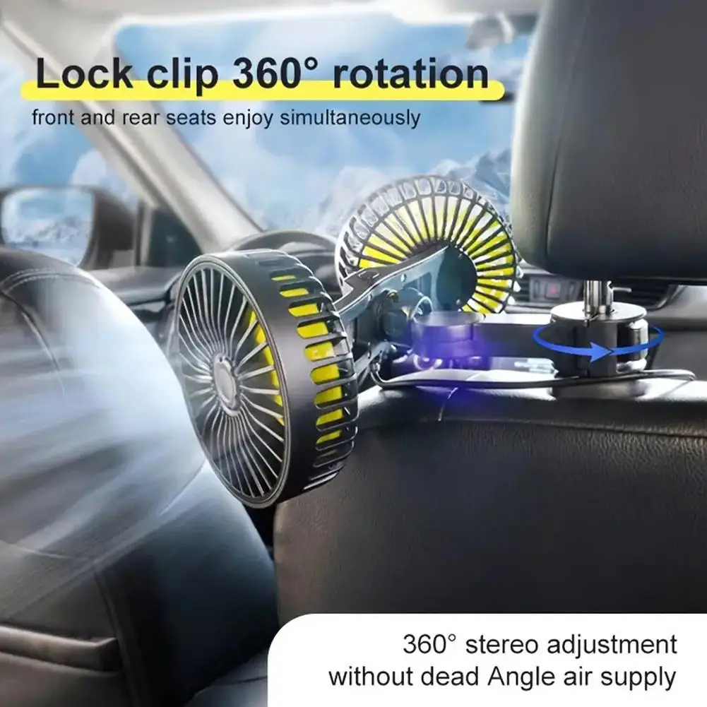 12V 24V Universal Dual Head Car Fan USB Powered Rear Seat Back Cooling Fan 360° Rotatable Silent Strong Wind Auto Fan