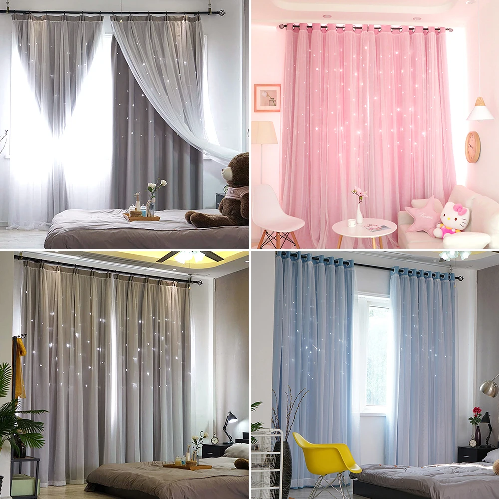 

Double Layer Curtains Blackout Star Pattern Navy Blue Window Drapes Grommet Hole Privacy Bathroom Bedroom Light Flow