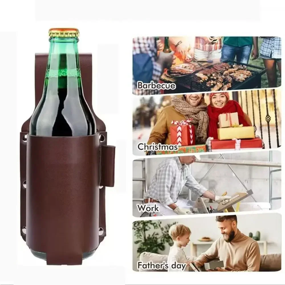 PU Leather Beer Bottle Waist Holster Waist Hanging Style Portable Wine Bottles Beverage Holder with Pen Holder