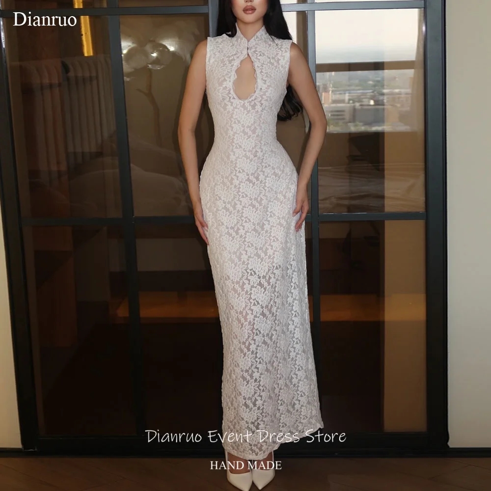 Dianruo Sexy Cut Out Sleeveless Bridal Chinese Style Wedding Dress Straight Vestido De Noiva Lace Evening Dresses Customized