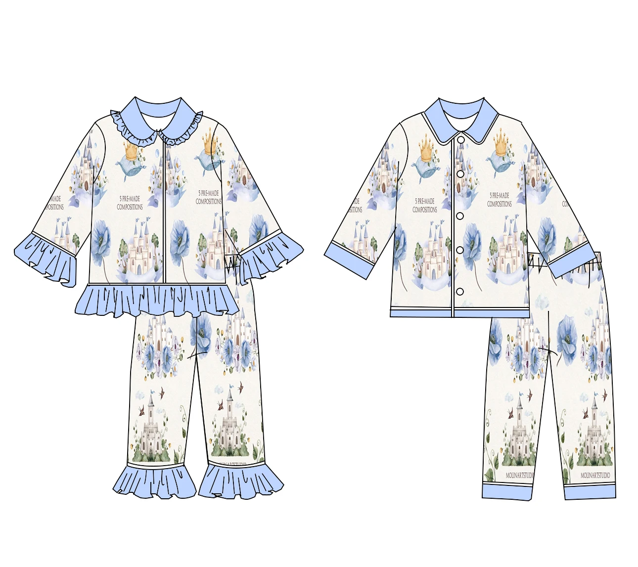 New hot selling boutique children's set lapel lace long sleeves lace castle flower print trousers lace girl boy pants pajama set