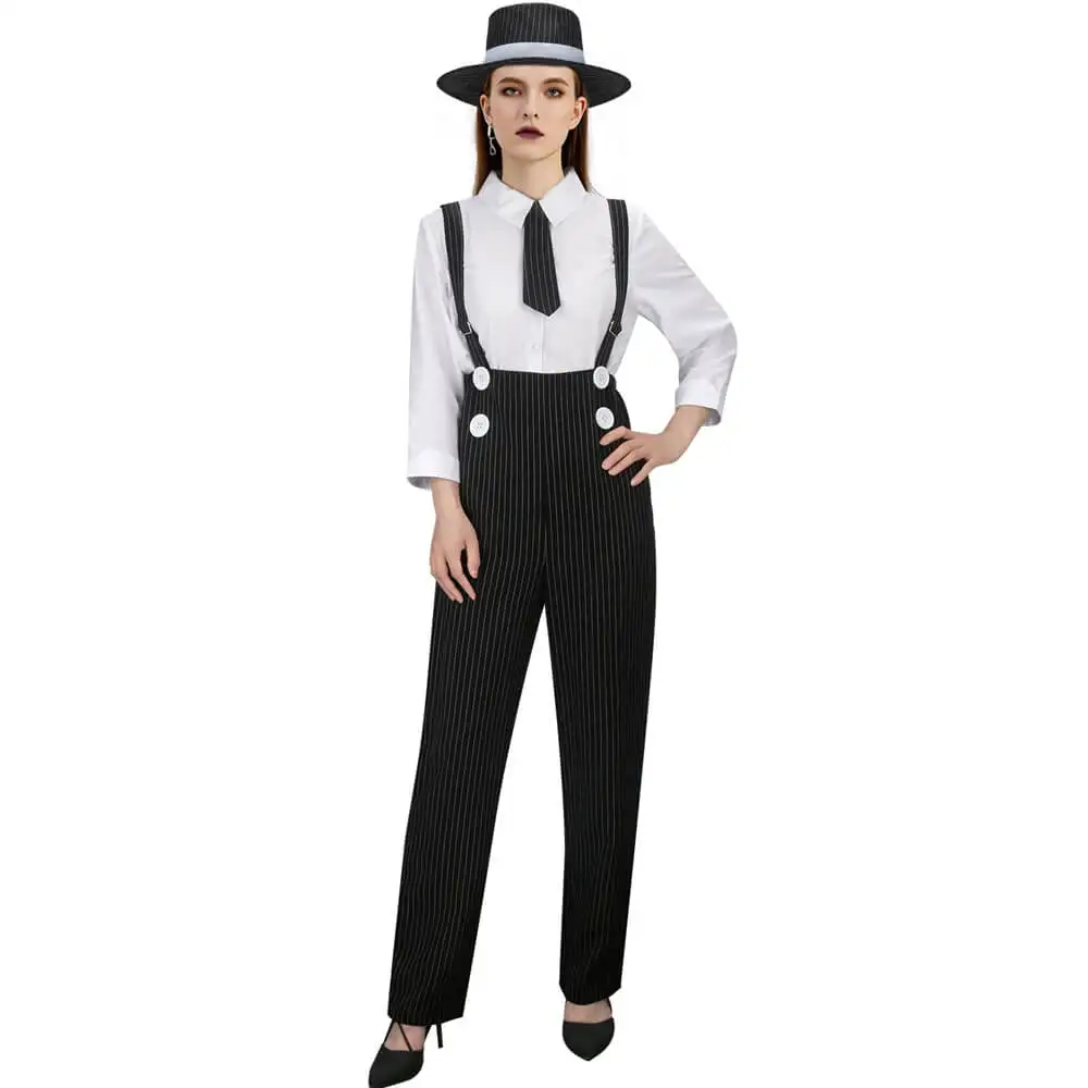 1920s Gangster Mobster Lady Halloween Cosplay Costume For Women Theme Party Outfits Shirt Overalls Hat Tie Takerlama