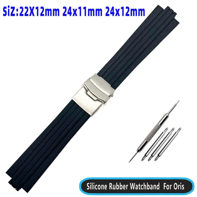 24mm x 11mm Silicone Rubber Watchband For Oris Aquis Watch Band Convex Strap Stainless Steel Safety Buckle Wrist Bracelet Black