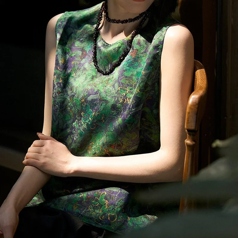 New Chinese Green Purple Botanical Print Sleeveless Vest Top Round Neck Loose Fit Vintage Blouse For Women Party Commuted Outfit
