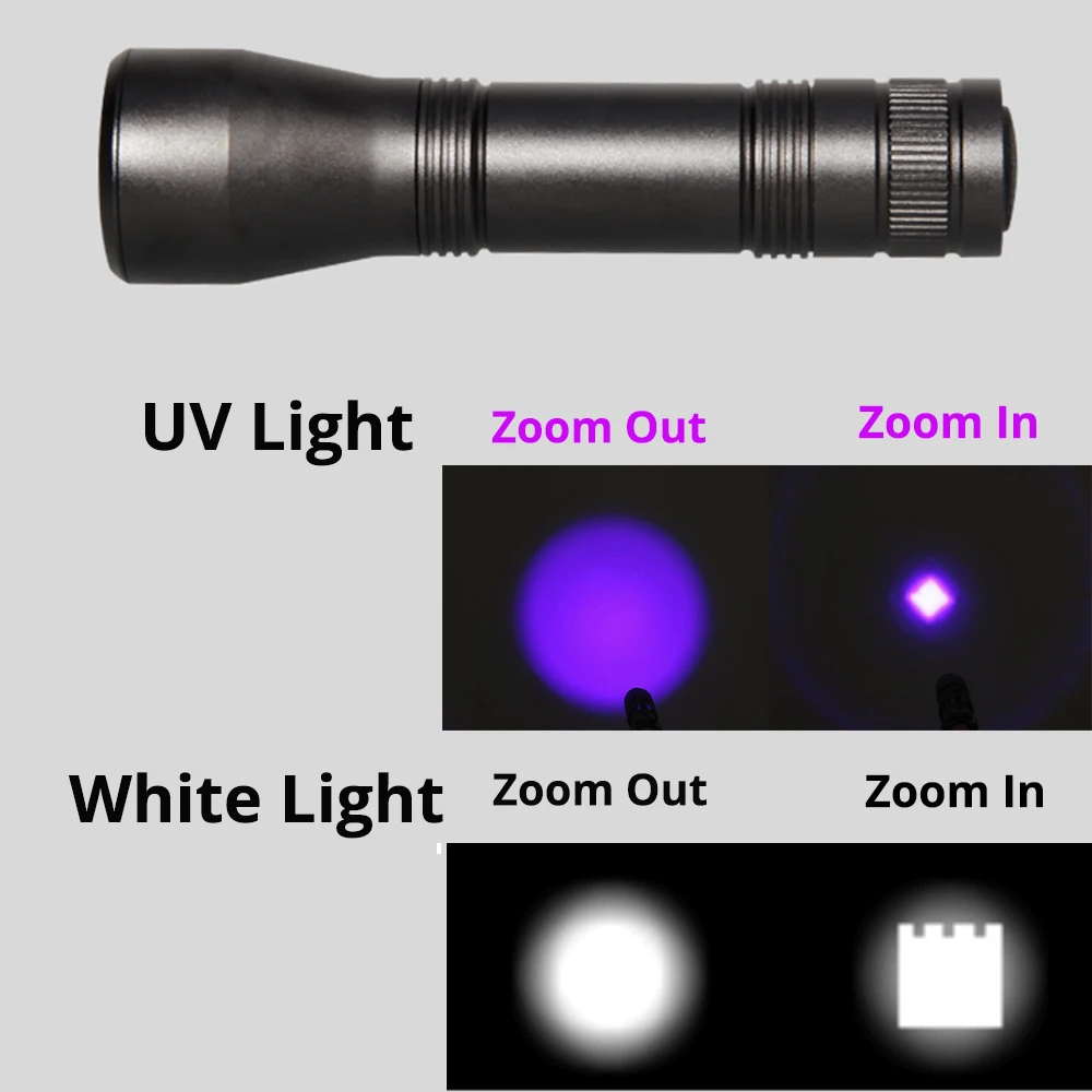 D2 UV LED Flashlight EDC Ultraviolet Torch Zoomable Mini Ultra Violet Lights 395 Inspection Lamp Pet Urine Stain Detector Tools