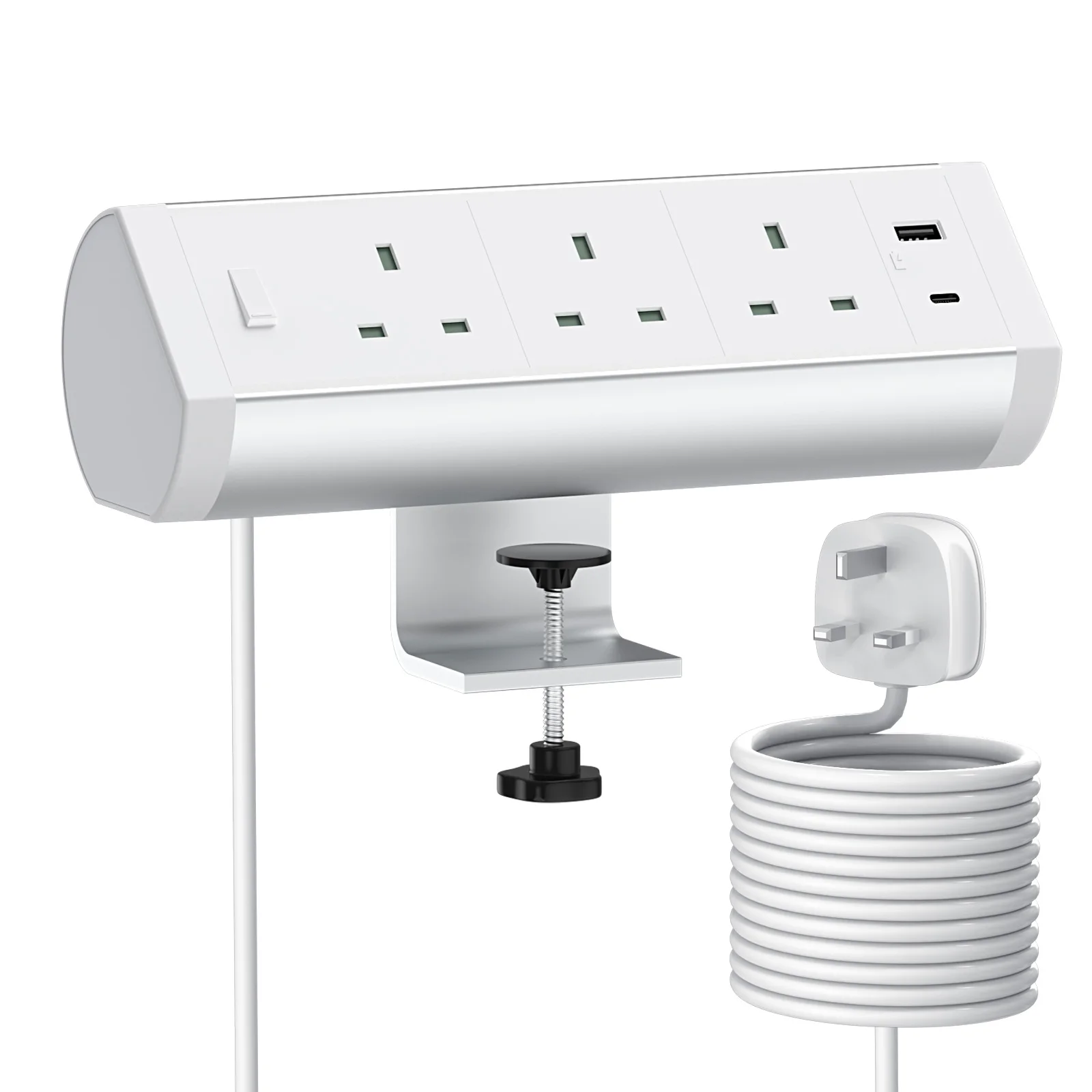 Aluminum Desktop Power Clip Receptacle PD 20W USB C Desktop Power Outlet with 3 UK Plugs 2 USB Ports