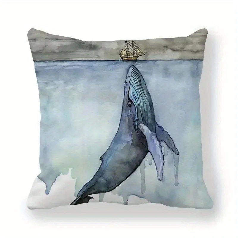 Artistic Whale Ocean Life Pillowcase Set 4 Pack Blue Watercolor Sea Animal Throw Pillow Decor 40x40cm