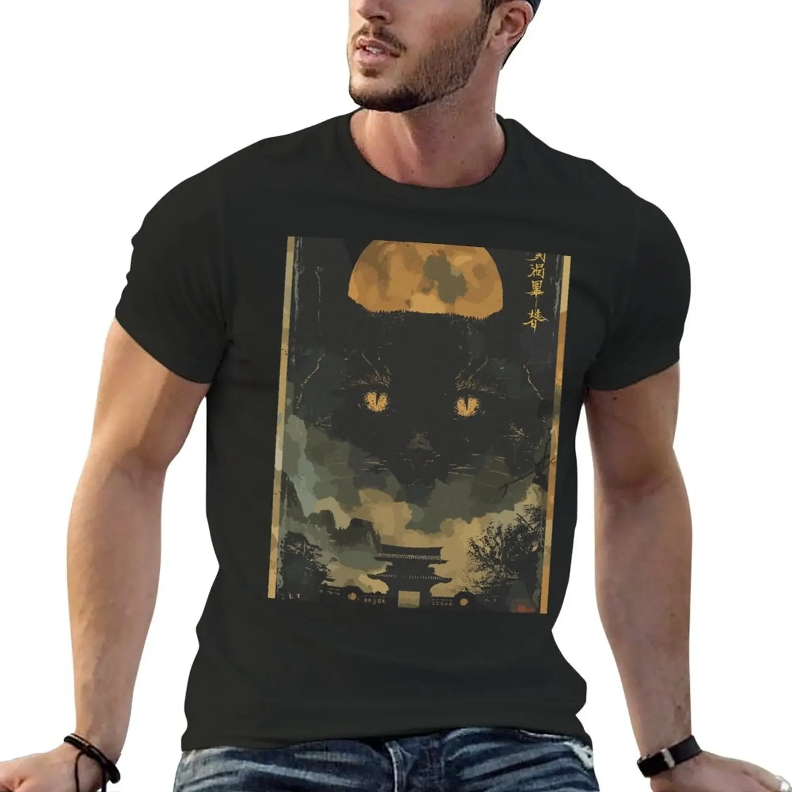 Japanese Demon Cat T-Shirt basketball graphic tees summer top korean fashion anime clothes tee shirts for men