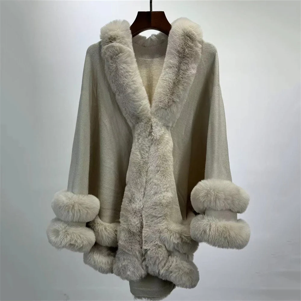 Winter 2 Circle Faux Fur Collar Big Pendulum Shawl Overcoat Loose Cloak Women Thick Warm Cashmere Poncho Capes