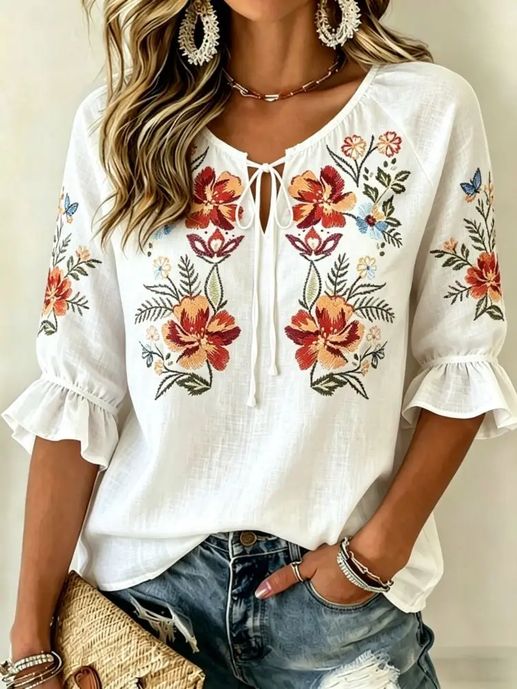 

Women's White Floral Embroidery Tie Neck Blouse, Casual Loose Tops for Spring Summer Daily Wear & Vacation Occasions