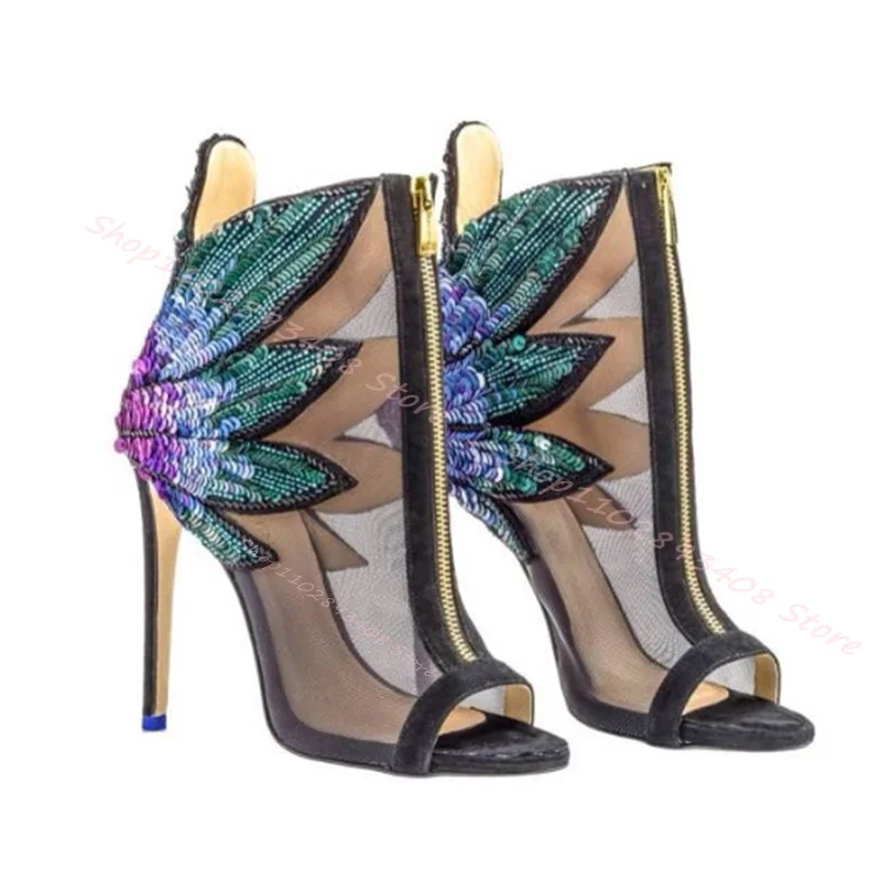 Air Mesh Glitter Decor Sandal Boots Zipper Flower Decor Peep Toe Stiletto High Heels Women Summer Shoes 2023 Zapatos Para Mujere