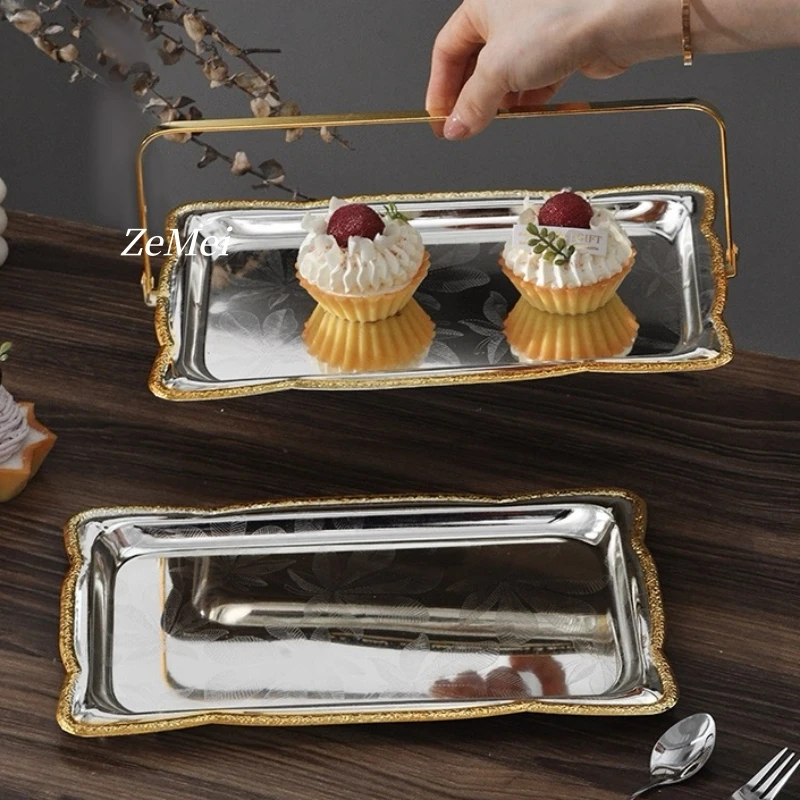 European-Style Rectangle Fruit Plate,Portable Carved Flower Texture Metal Cake Tray,28 cm Dessert Storage Snack Plate Decoration