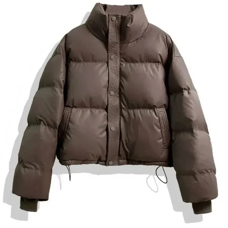 Chaqueta de plumón de cuero Pu para mujer, traje de pan con cuello levantado grueso, abrigo de viento pequeño Kengdou, otoño e invierno