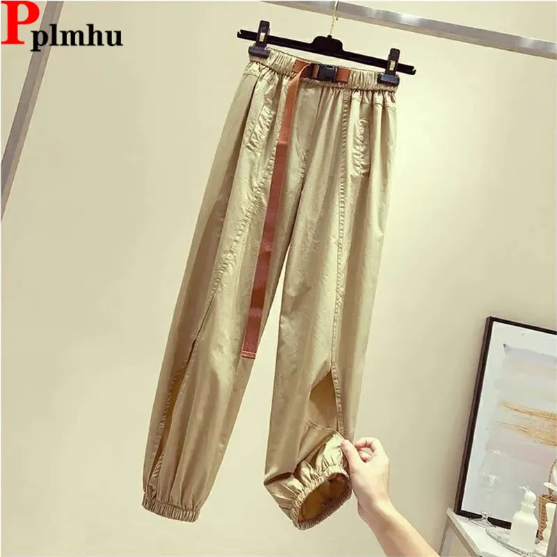 

Trendy Sashes Design Cargo Pants Summer Thin Streetwear Jogger Pantalones Casual Ankle Length Harem Spodnie High Waist Trousers