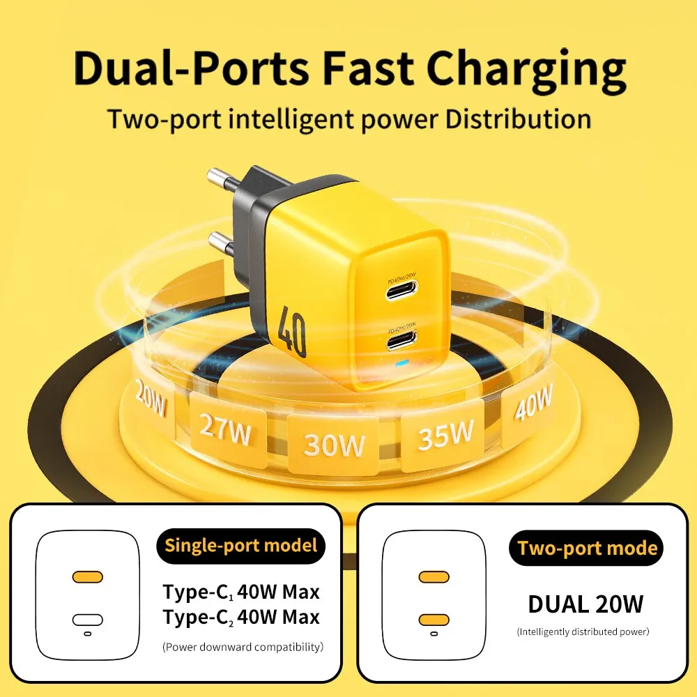 Wekome ที่ชาร์จ USB Type C 40W GAN แบบพกพา20W USB C สนับสนุน Type C PD ชาร์จเร็วเหมาะสำหรับ iPhone, Samsung, huawe