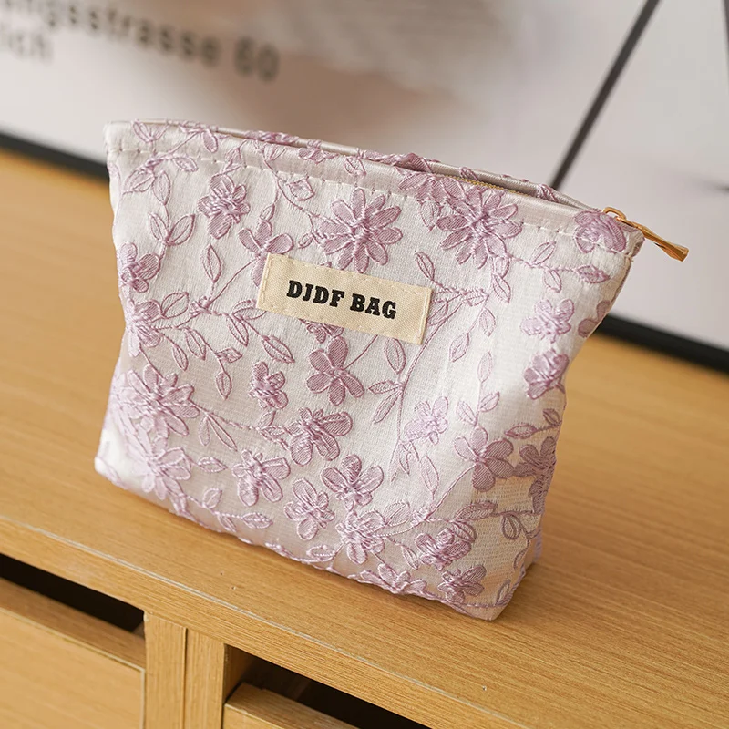 Pink purple embroidery women\'s makeup bag portable small cosmetic change storage bag travel key case sleeve sleeve