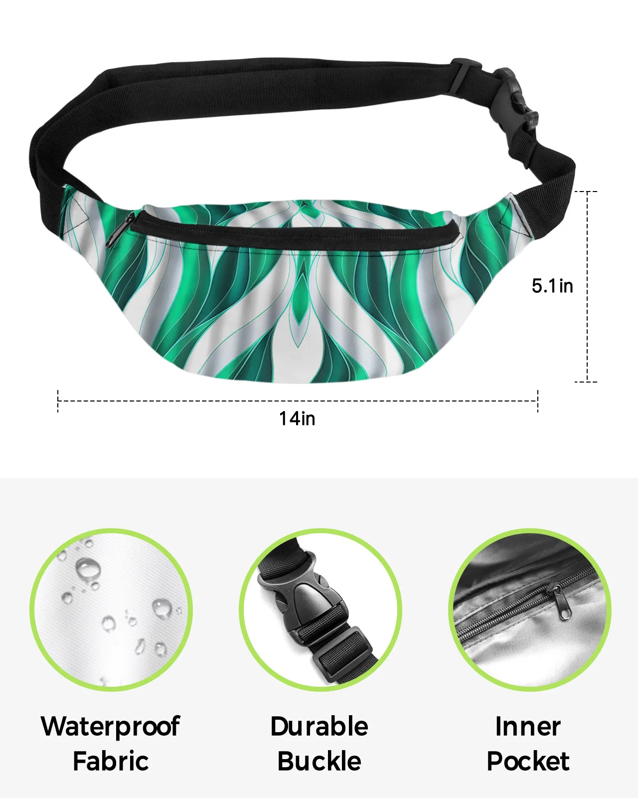 Bolsa de cintura para homens e mulheres Fanny Pack Bolsa para cinto, bolsa de carteira, impermeável Banana Hip Bags, linha gradiente abstrata, cor bloco, torcida verde