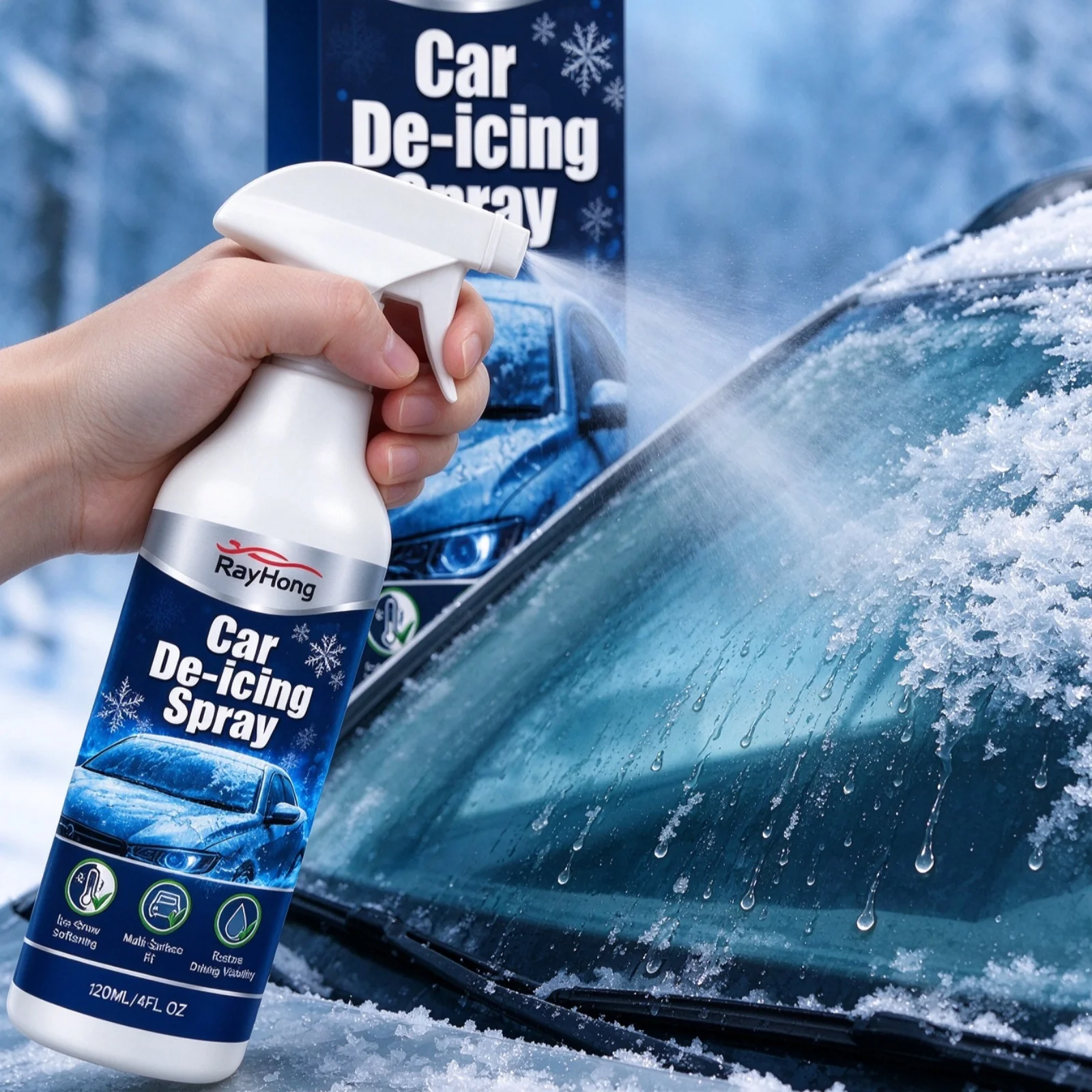 Windshield De-Icer Spray Melt Ice Snow Defrost Inhibits Re-Freezing Eliminate Barrier Restore Visibility Winter Car Care Spray