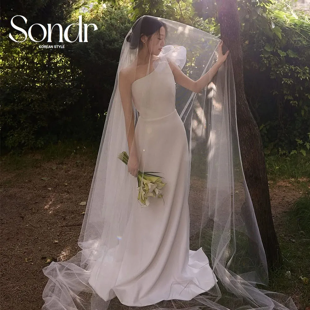 Sondr Customized One Shoulder Korean Wedding Dresses Ruffled A Line Soft Satin Bridal Party Evening Gown Photo Shoot with Train