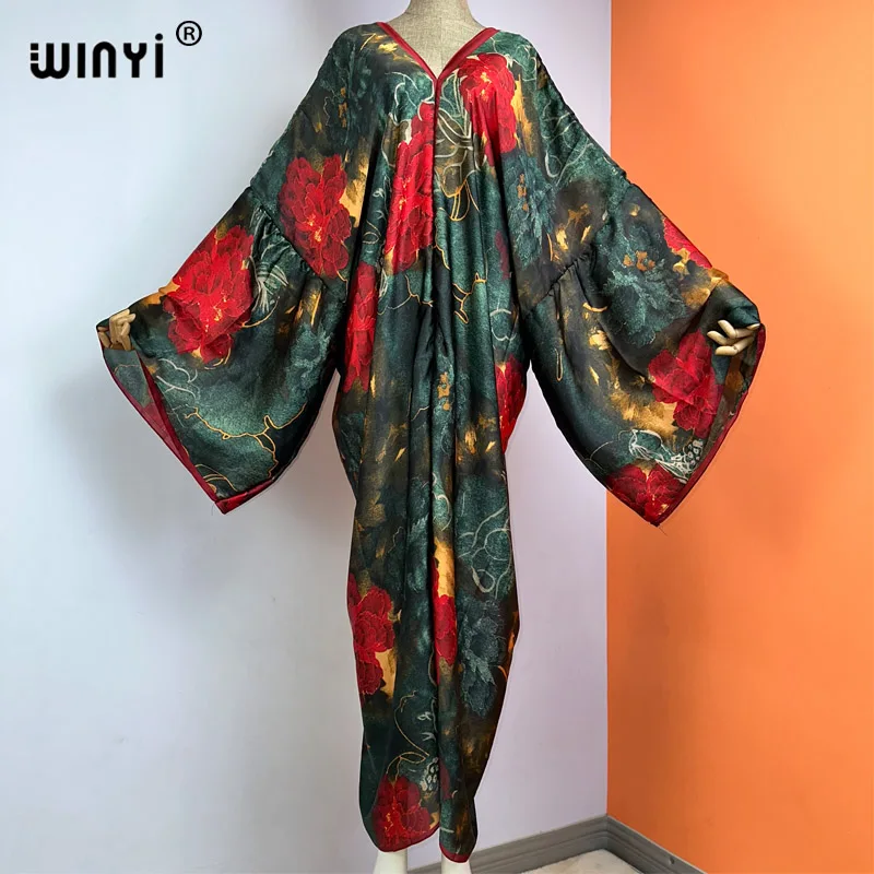 

WINYI 2023Vintage print summer silk feeling Dress Elegant Muslim Abaya Lady beach cover up Casual dress Beachwear fashion Kaftan