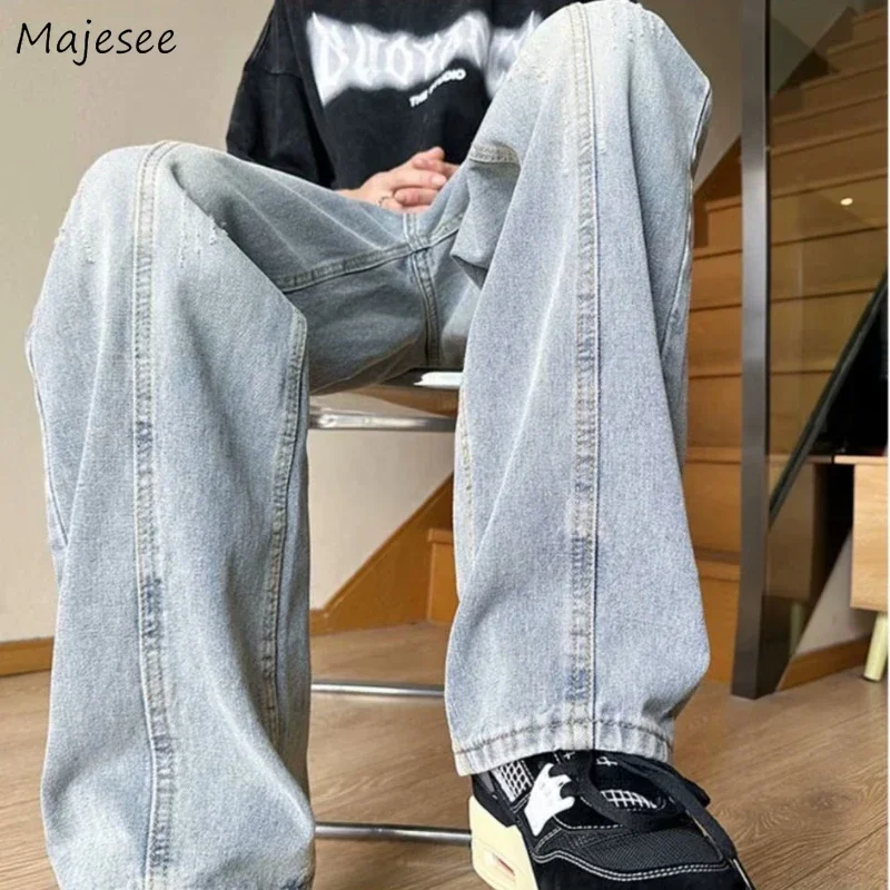 

Ripped Jeans for Men Washed Personality Vintage Fashion Streetwear All-match Baggy Straight Trousers Handsome American Style New