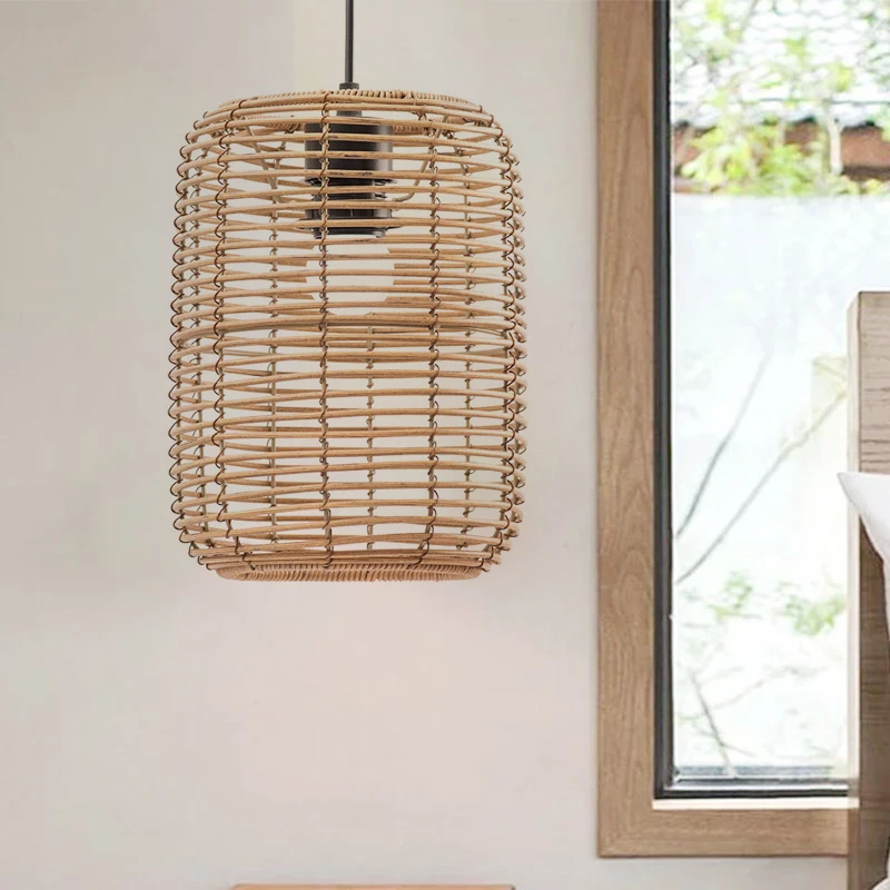 

Vintage Plastic Rattan Handwoven Lampshade Chandelier Cover Restaurant Hallway Lamp Shade Pendant Light Fixture Hanging Decor