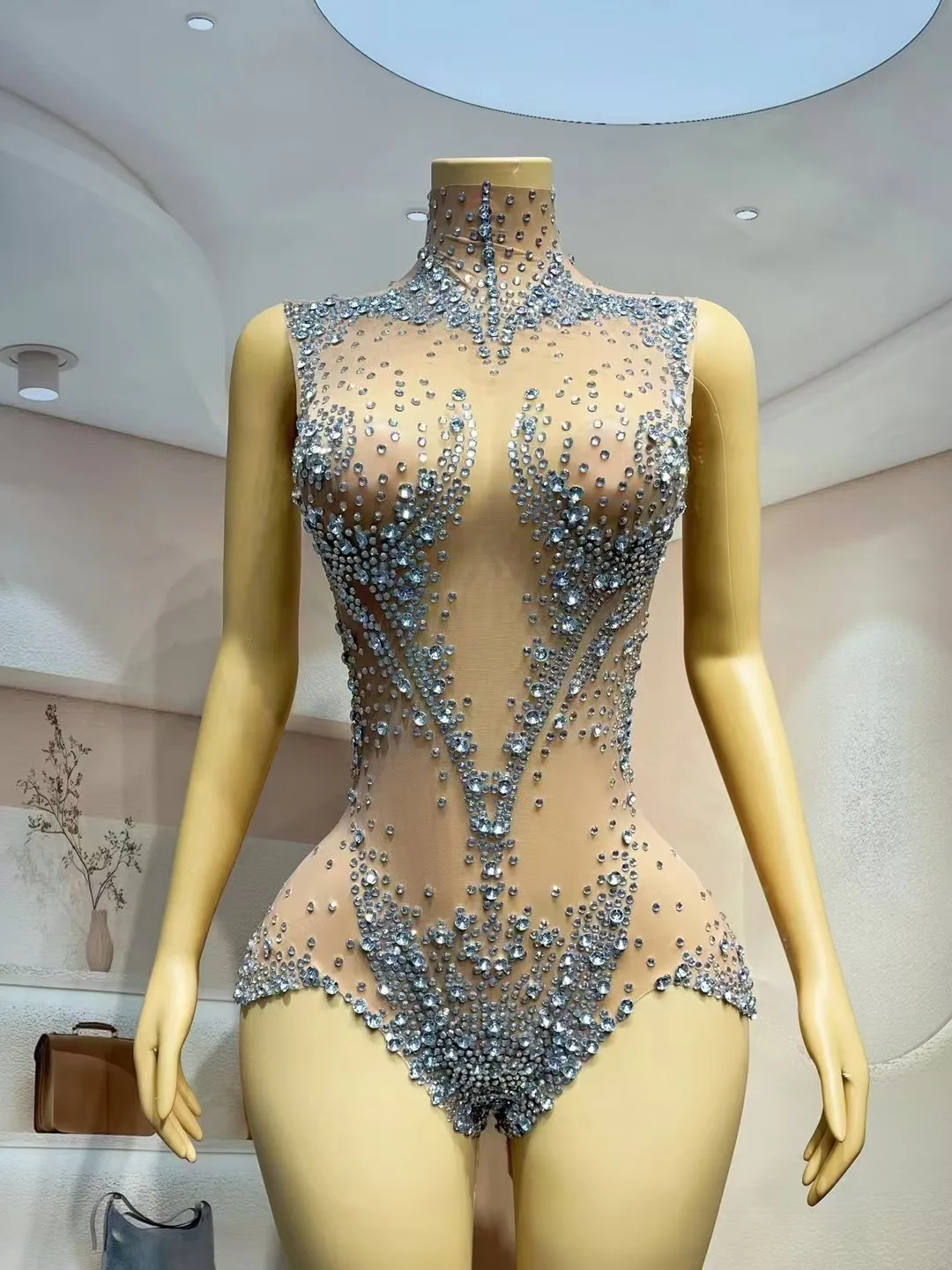 Sparkly Rhinestones Leotard Women Sexy Stage Mesh See Through Dance Performance Costume Singer Dancer Club Photoshoot Bodysuit