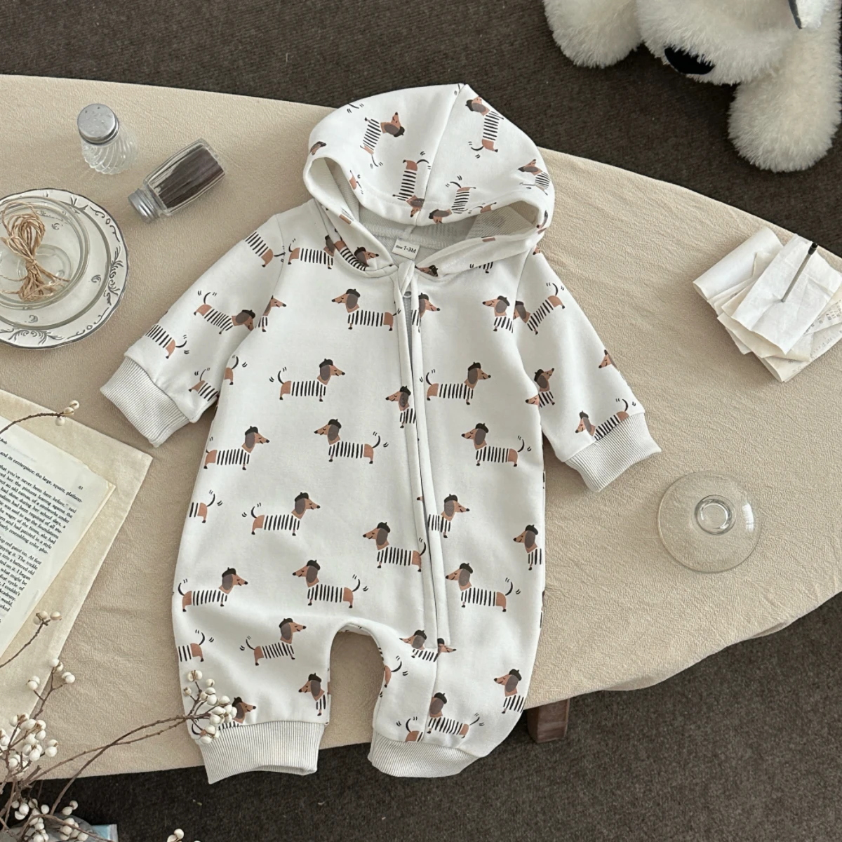 

Autumn New Cute and Comfortable Baby Sausage Dog Print Hooded Pants Crawling Unisex Boys Girls Clothes Newborn Items