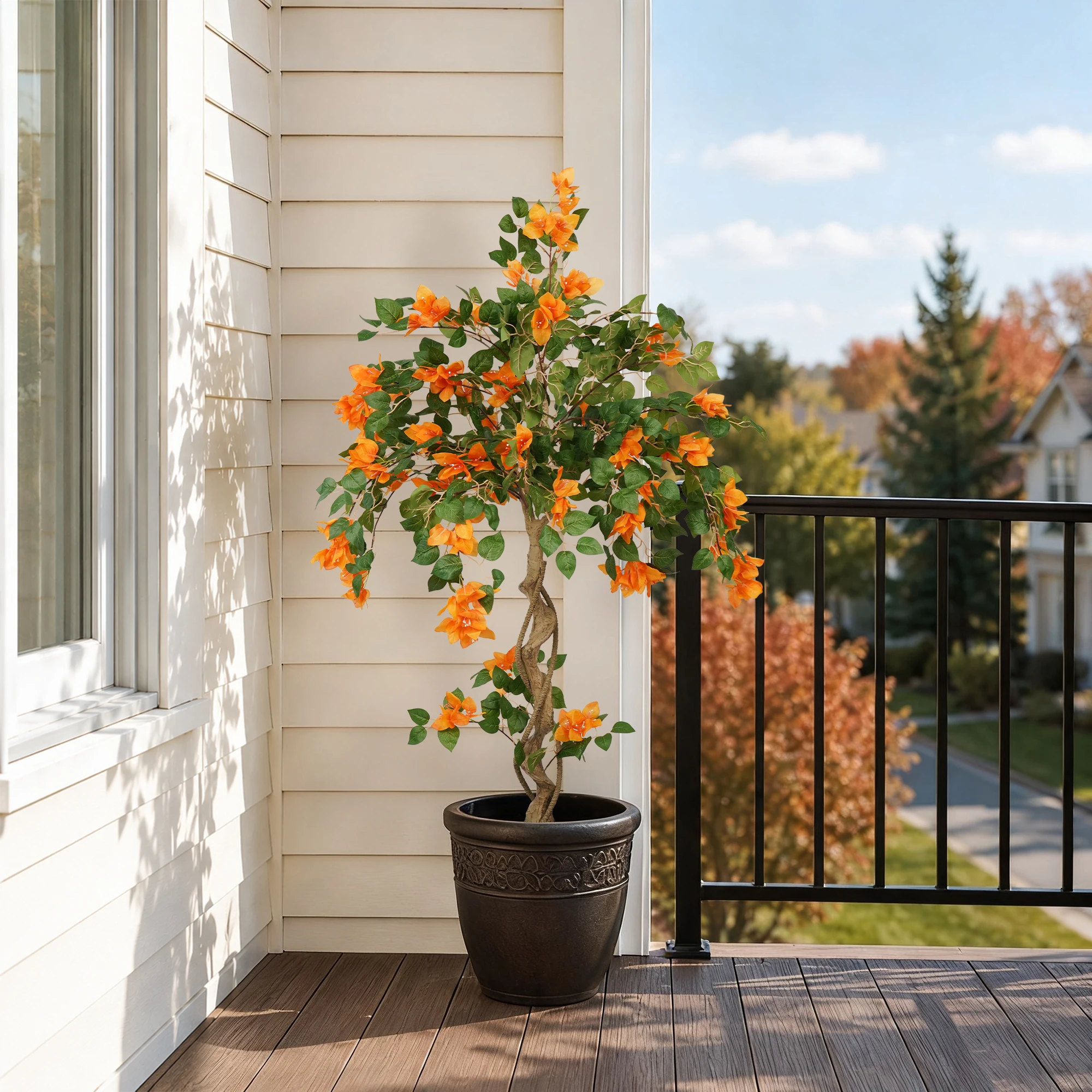Halloween Decoration 3/4/5FT Artificial Bougainvillea Tree, Orange Faux Bougainvillea Plant with Lush Green Leaves, Realistic Full Blooms Potted Fake Flower Tree for Home Living Room Patio Porch Office Decor
