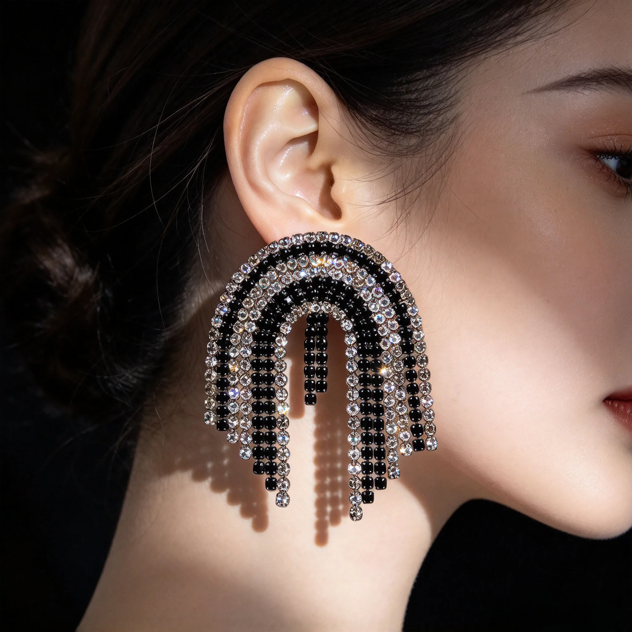 1pc Women Rainbow Rhinestone Arch Tassel Earrings Multi Layer Crystal Statement Dangle Earrings for Party Pageant Evening Prom J