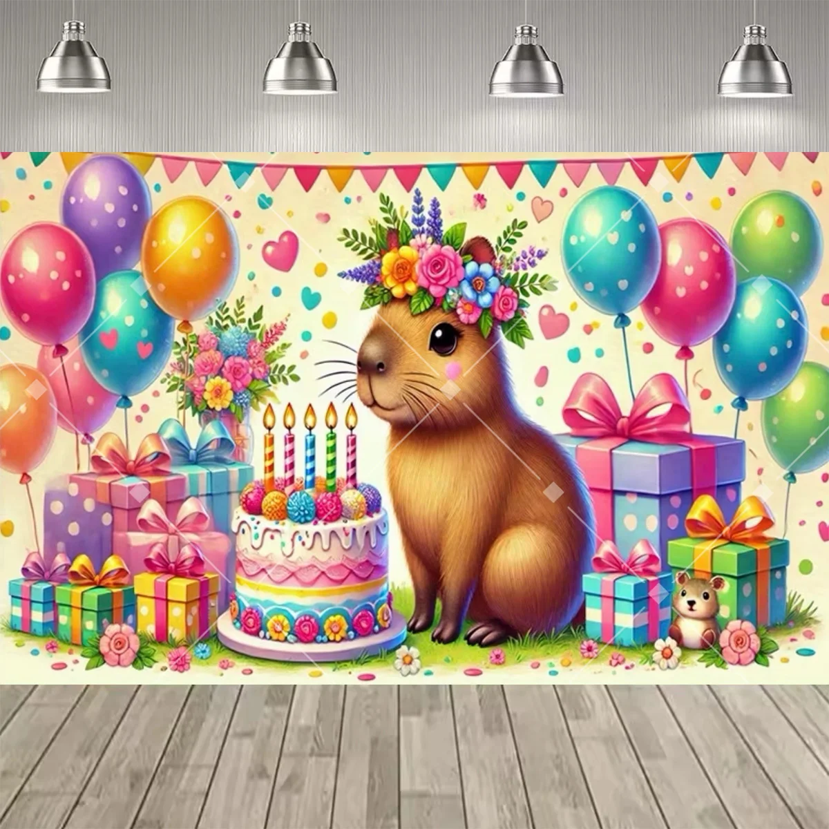 Niedliches Capybara-Meerschweinchen-Themen-Party-Hintergrundbild, Buntes Ballon-Kuchen-Druck-Banner für Kindergeburtstags-Partydekorationen, Poster – Detail 6