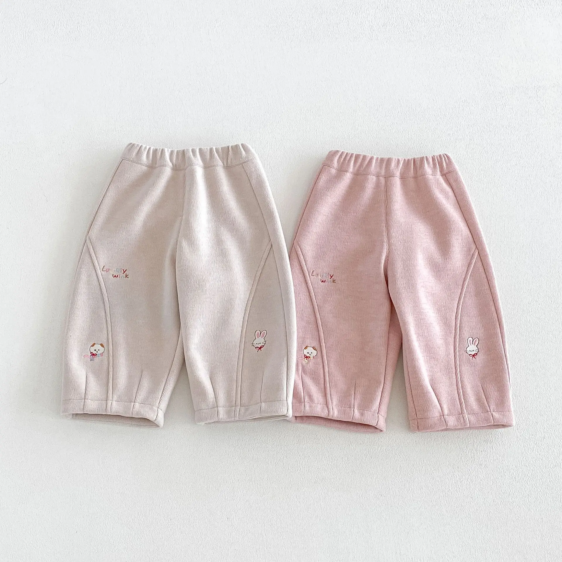 2026 New Winter Girls Fleece Cartoon Pants | Embroidered Letter Curved Pants | Warm Thick Trousers
