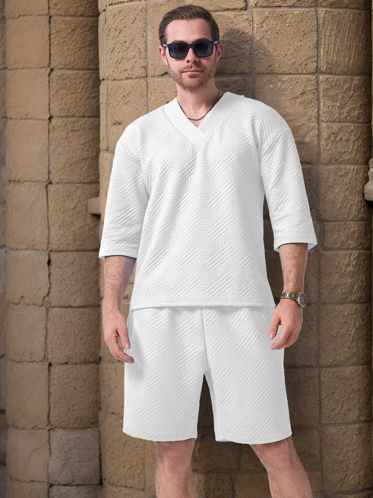 2025 New Style summer men's Set: Fashionable and casual solid color jacquard V-neck half-sleeve drawstring shorts two-piece set