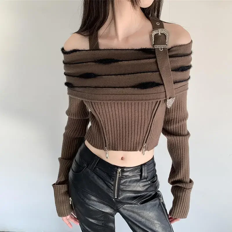 

Winter Women Cashmere Vintage Harajuku Sweater Off Shoulder Pullovers Y2k Vintage Tops Korean Style Fairycore Sweater Irregual