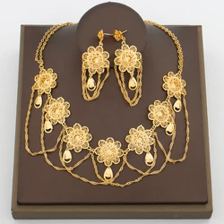 African 18k Gold Color Jewelry Set for Women Flower Design Necklace and Earrings 2Pcs Set for Weddings Party Jewelry Dubai Gift