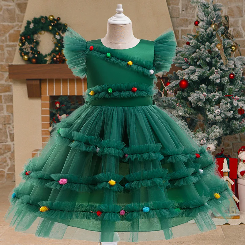 Xmas Girls Princess Dress Cute Christmas Tree Mesh Fashion Girls Dress Party Performance Costumes 2-10 Years New Kids Clothes