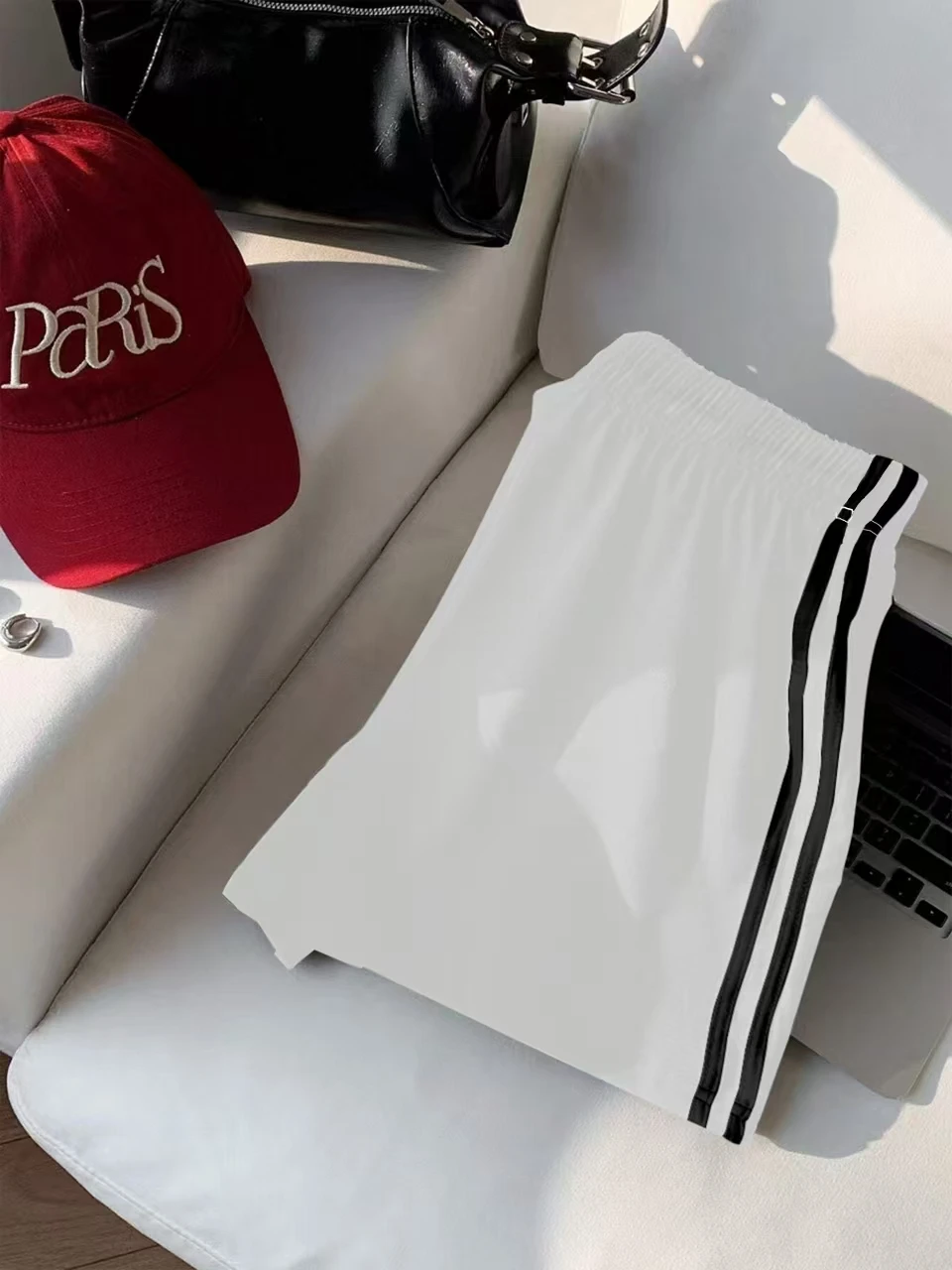 Spring Summer Side Stripe Elastic Waist Short Skirt Casual Sporty A-Line Daily Street Style Slimming Black White